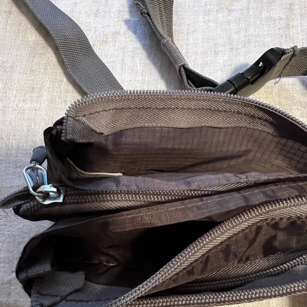 Travelon fanny pack in gray. Small, lightweight, roomy.